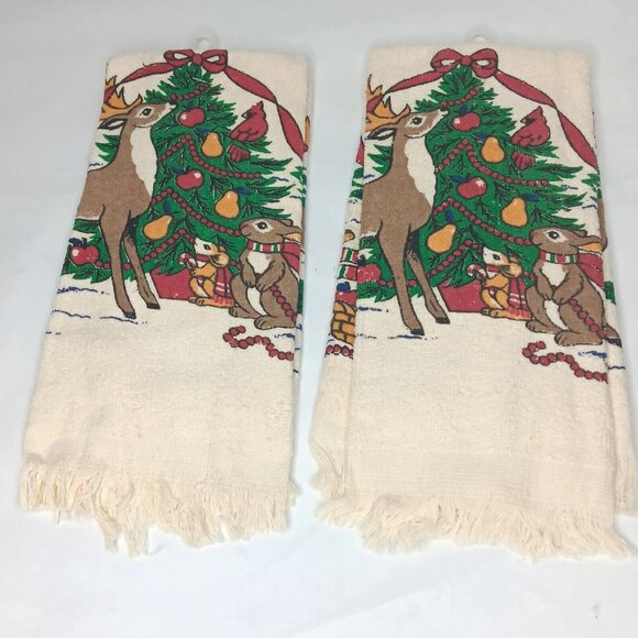 Vintage Cecil Saydah Christmas Fringe Kitchen Towel Pair Tree Reindeer New READ - Picture 2 of 12